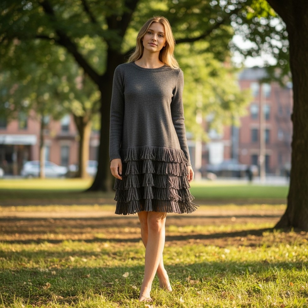 Calvin Klein Gray Tiered Fringe Hem Long Sleeve Sweater Dress Womens Medium